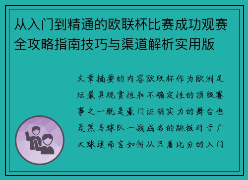 从入门到精通的欧联杯比赛成功观赛全攻略指南技巧与渠道解析实用版